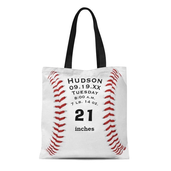 KDAGR Canvas Tote Bag Boy Personalized Baseball Name and Baby Stats Room Sports Reusable Handbag Shoulder Grocery Shopping Bags