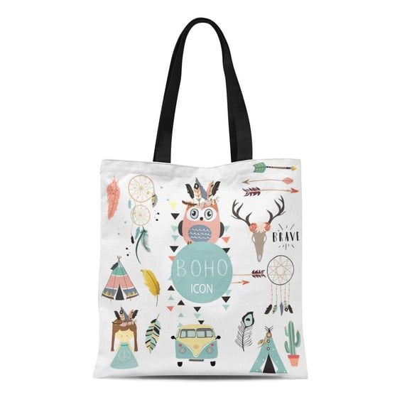 KDAGR Canvas Tote Bag Collection for Flyers Placards Wreath Feather Owl Tent Wild Reusable Shoulder Grocery Shopping Bags Handbag