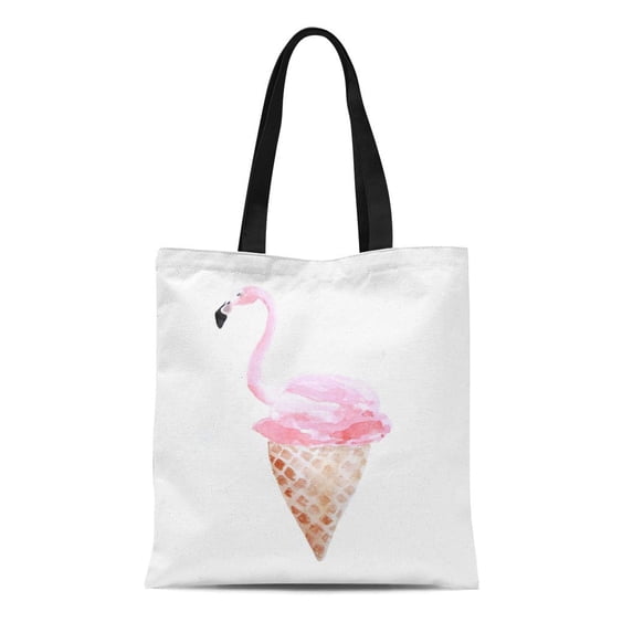KDAGR Canvas Tote Bag Colorful Cream Pink Flamingo in Icecream Cone Watercolor Ice Durable Reusable Shopping Shoulder Grocery Bag