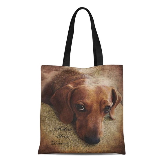 KDAGR Canvas Tote Bag Dog Dachshund Portrait Doxie Hound Pet Burlap Sad Reusable Handbag Shoulder Grocery Shopping Bags