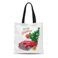 thumbnail image 1 of KDAGR Canvas Tote Bag Green Car Christmas Red Retro Truck Fir Tree Reusable Shoulder Grocery Shopping Bags Handbag, 1 of 1