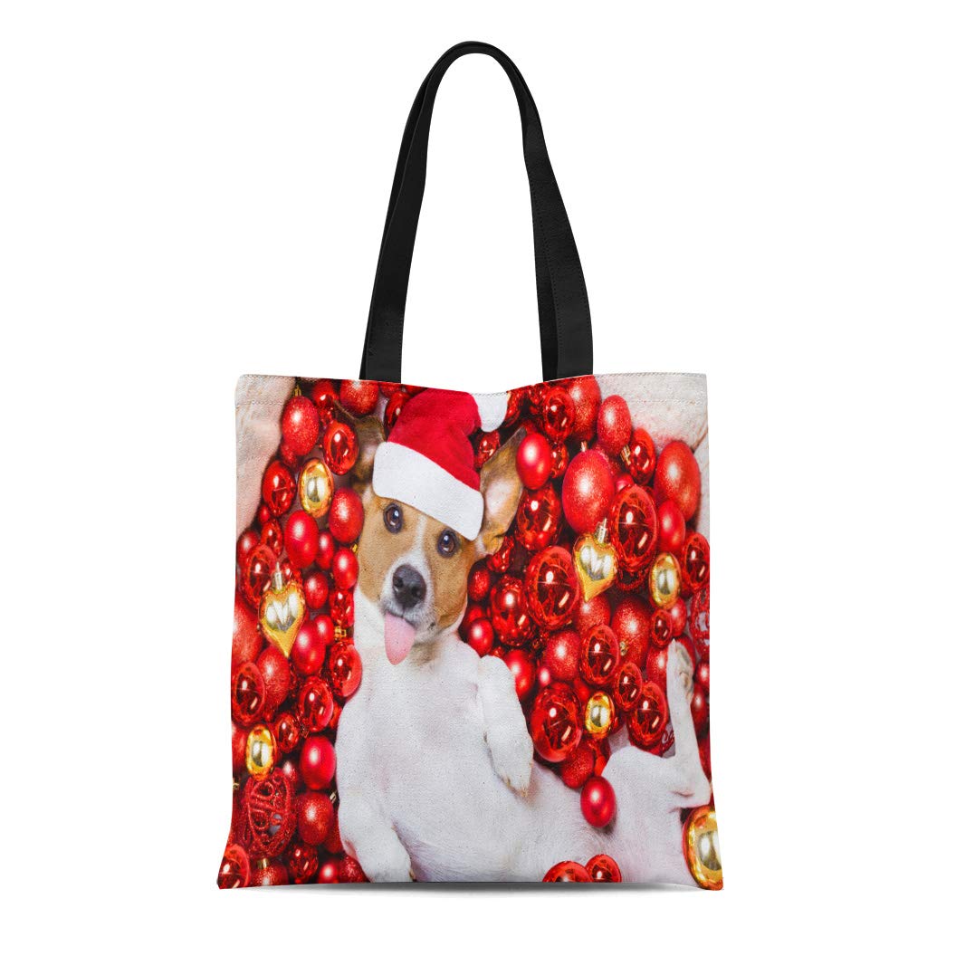 KDAGR Canvas Tote Bag Jack Russell Terrier Dog Santa Claus Hat for Christmas Reusable Shoulder Grocery Shopping Bags Handbag - image 1 of 1