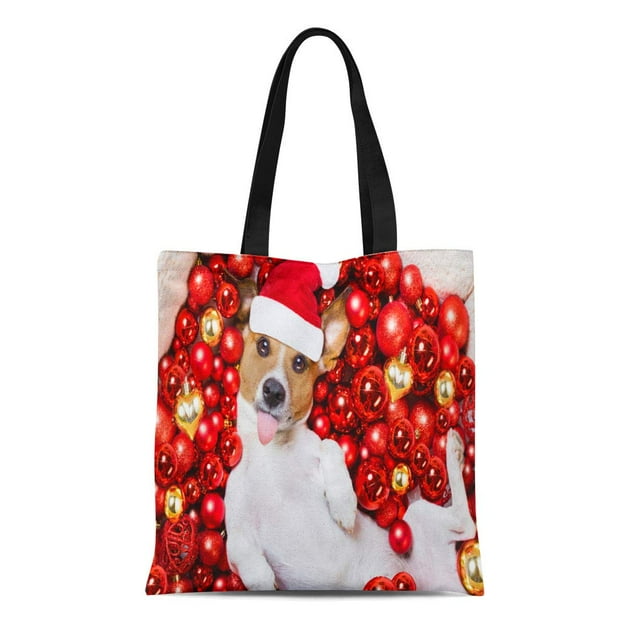 KDAGR Canvas Tote Bag Jack Russell Terrier Dog Santa Claus Hat for Christmas Reusable Shoulder Grocery Shopping Bags Handbag