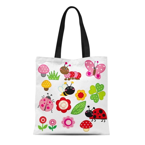 KDAGR Canvas Tote Bag Pink Butterfly Cute Garden Insect Red Baby Kid Ladybug Reusable Shoulder Grocery Shopping Bags Handbag