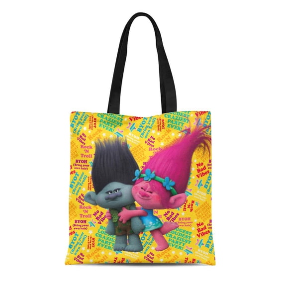 KDAGR Canvas Tote Bag Pink Dreamworks Trolls Poppy Branch No Bad Vibes Colorful Reusable Handbag Shoulder Grocery Shopping Bags