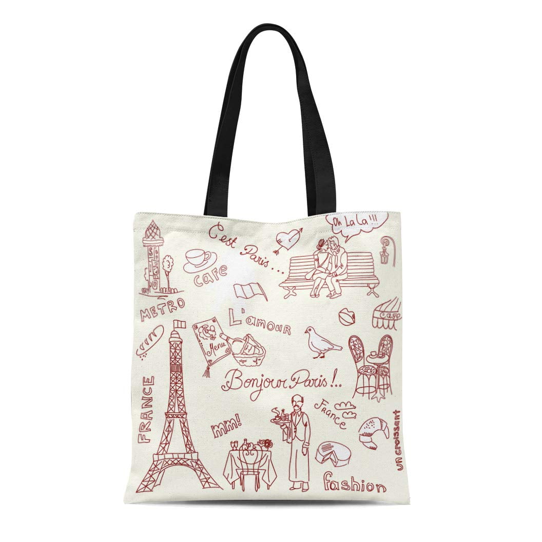KDAGR Canvas Tote Bag Red France Paris Doodles French Cuisine Sketch Words Restaurant Durable Reusable Shopping Shoulder Grocery Bag