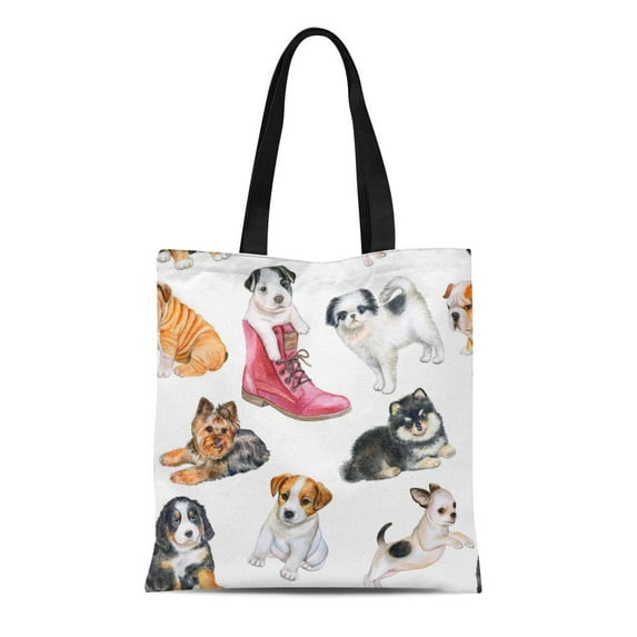 KDAGR Canvas Tote Bag Tan Pet Puppies Dogs Watercolor Toy Adorable Applies Arm Reusable Shoulder Grocery Shopping Bags Handbag