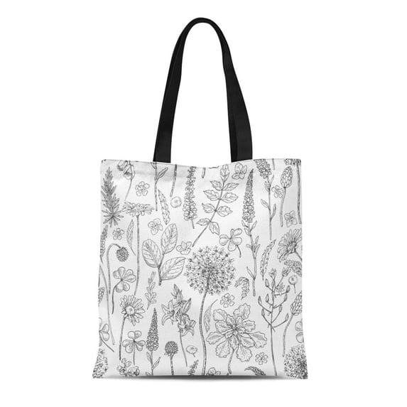 KDAGR Canvas Tote Bag Wildflowers Black and White Doodle Wild Flowers Grass Monochrome Durable Reusable Shopping Shoulder Grocery Bag