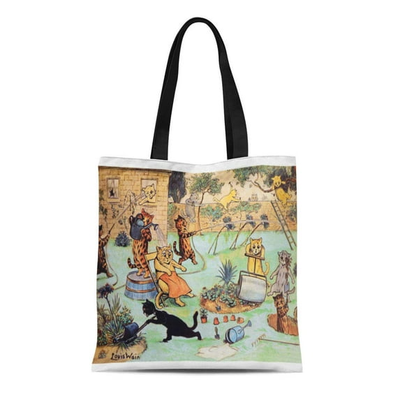 KDAGR Canvas Tote Bag Yellow Anthropomorphic Louis Wain Cats It Garden Catastrophe Vintage Reusable Handbag Shoulder Grocery Shopping Bags