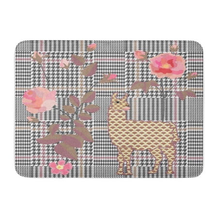 KDAGR Checkered Embroidered Roses and Llamas Hounds Tooth Pattern English Doormat Floor Rug Bath Mat 23.6x15.7 inch