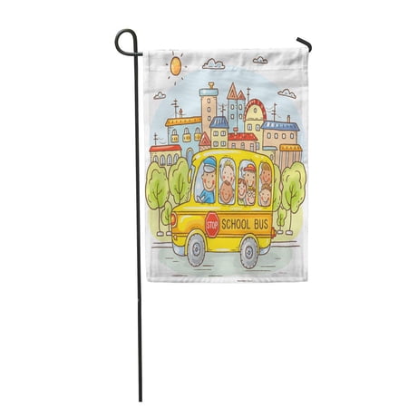 KDAGR Child School Bus Happy Kids in The City Drawing Garden Flag Decorative Flag House Banner 28x40 inch