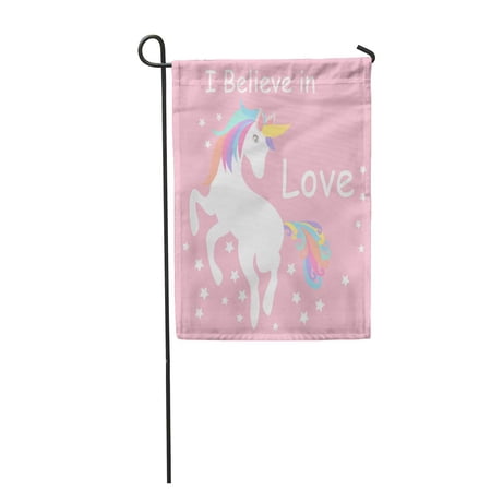 KDAGR Colorful I Believe in Love Cute Unicorn on Pastel Pink Garden Flag Decorative Flag House Banner 28x40 inch