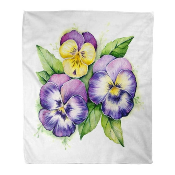 KDAGR Flannel Throw Blanket Colorful Watercolor Pansies Purple Violet Yellow Green Leaves Soft for Bed Sofa and Couch 50x60 Inches