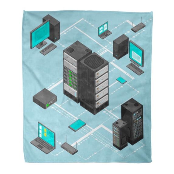 KDAGR Flannel Throw Blanket Data Network Management Isometric Map Networking Servers Computers Soft for Bed Sofa and Couch 58x80 Inches