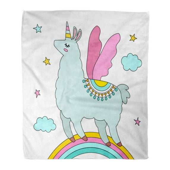 KDAGR Flannel Throw Blanket Pink Pattern Funny Llama Alpaca Unicorn Wings and Horn in The Cartoon are Flat Adorable 50x60 Inch Lightweight Cozy Plush Fluffy Warm Fuzzy Soft