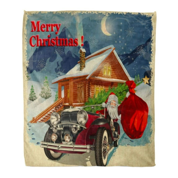 KDAGR Flannel Throw Blanket Red Car Christmas Greeting Vintage Winter Merry House Santa Claus 58x80 Inch Lightweight Cozy Plush Fluffy Warm Fuzzy Soft