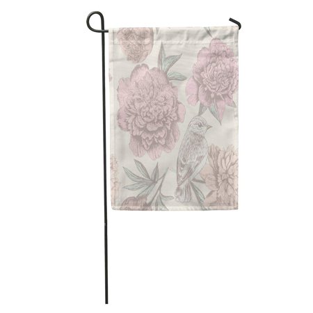 KDAGR Floral Sketch Pattern Bird and Peony Shabby Chic Flower Garden Flag Decorative Flag House Banner 28x40 inch