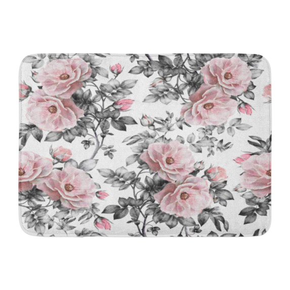 KDAGR Gray Retro Pink Flowers and Leaves on Watercolor Floral Pattern Rose in Pastel Color Leaf Doormat Floor Rug Bath Mat 23.6x15.7 inch