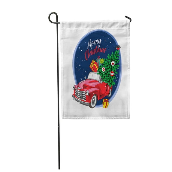 KDAGR Green Auto Christmas Red Retro Truck Fir Tree Night Garden Flag Decorative Flag House Banner 12x18 inch