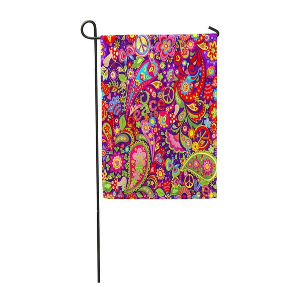 KDAGR Hippy Hippie Vivid Abstract Colorful Flowers Peace Symbol Mushrooms Garden Flag Decorative Flag House Banner 12x18 inch