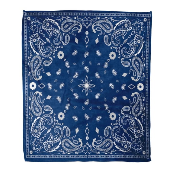 KDAGR Throw Blanket 50x60 Inches White Bandanna Blue Paisley Bandana Pattern Black Scarf Border Floral Abstract Artistic Bright Classic Warm Flannel Soft Blanket for Couch Sofa Bed