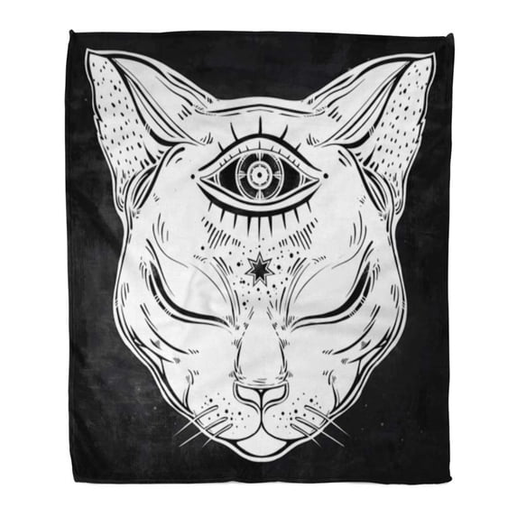 KDAGR Throw Blanket Warm Cozy Print Flannel Black Cat Head Portrait Moon and Three Eyes Third is Open for Halloween Tattoo Comfortable Soft for Bed Sofa and Couch 50x60 Inches