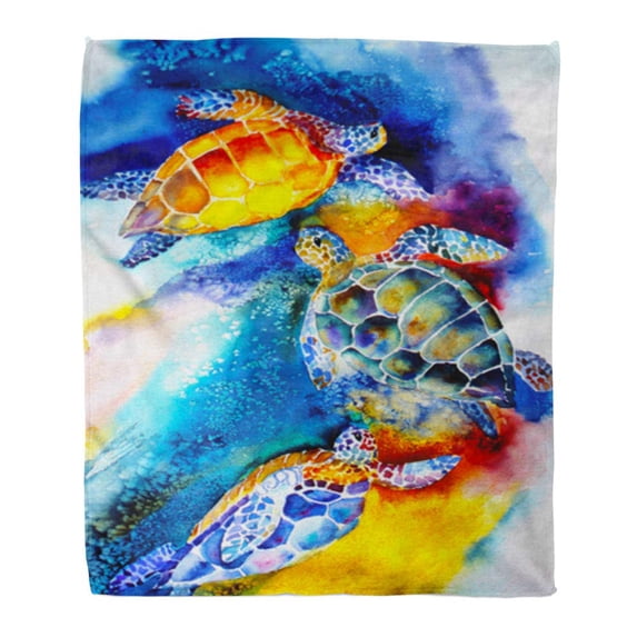 KDAGR Throw Blanket Warm Cozy Print Flannel Green Original Watercolor Painting of Sea Turtles Swimming Blue Hawaii Comfortable Soft for Bed Sofa and Couch 50x60 Inches