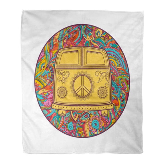KDAGR Throw Blanket Warm Cozy Print Flannel Hippie Vintage Car Mini Van Ornamental Love and Music Fonts Doodle Hippy Color Comfortable Soft for Bed Sofa and Couch 58x80 Inches