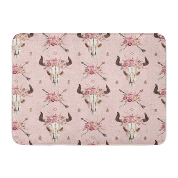 KDAGR Watercolor Boho of Arrows Bull Skull Horns Floral Arrangement Doormat Floor Rug Bath Mat 30x18 inch