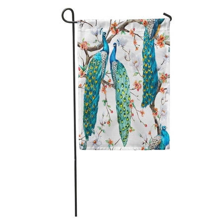 KDAGR Watercolor Pattern Peacock Lover Blooming Cherry Trees White Magnolia Flowers Garden Flag Decorative Flag House Banner 28x40 inch