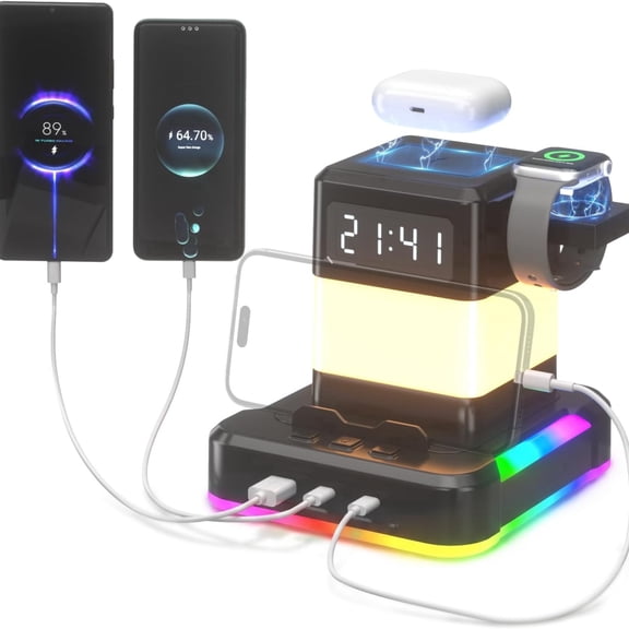KDD 6-in-1 Bedside Lamp with Wireless Charger – Digital Clock, USB-A & USB-C Ports, RGB Nightlight with 4 Modes, Perfect for Bedroom, Living Room, Kids Room, Home Office & Dorm