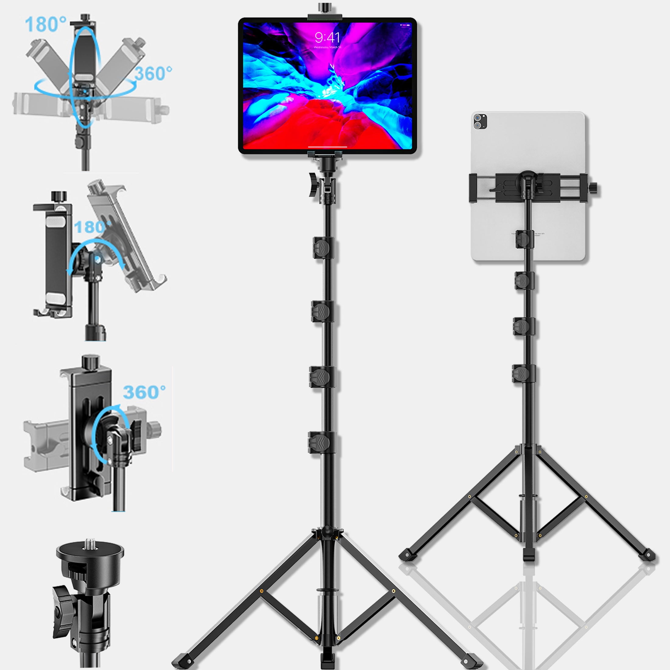 KDD Tablet Tripod, iPad Tripod Stand 61", Tablet Mount 4-15'' for iPhone, Camera, Aluminum 360° Rotating