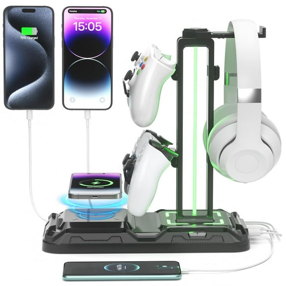 KDD Gaming Headphone Stand, Controller Holder with Wireless Charger USB and Type C, RGB Headset Stand Rotatable