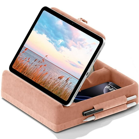 KDD Tablet Pillow Stand, iPad Tablet Stand with Storage, Foldable Adjustable Holder for Desk Bed Couch and Lap, Peach Fuzz