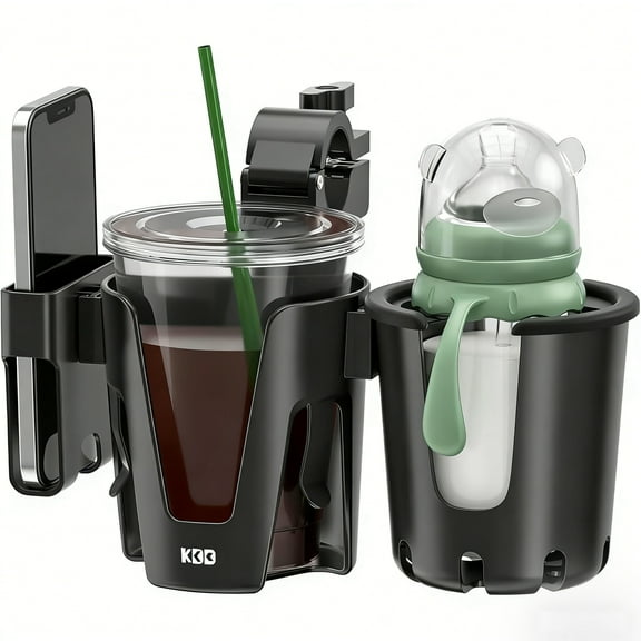KDD Stroller Cup Holder, Cup Holder Universal with Phone Rack, Suit Wheelchair, Walker, Bike, Scooter, Black