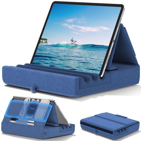 KDD Tablet Pillow Stand, iPad Tablet Stand Foldable Adjustable with Storage Bag & Stylus Mount, for Desk Bed Couch and Lap, Blue