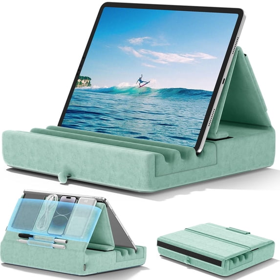 KDD Tablet Pillow Holder, Foldable iPad Stand for Lap, Bed and Desk -Tablet Soft Pad Dock with Pocket & Stylus Mount Compatible, Green