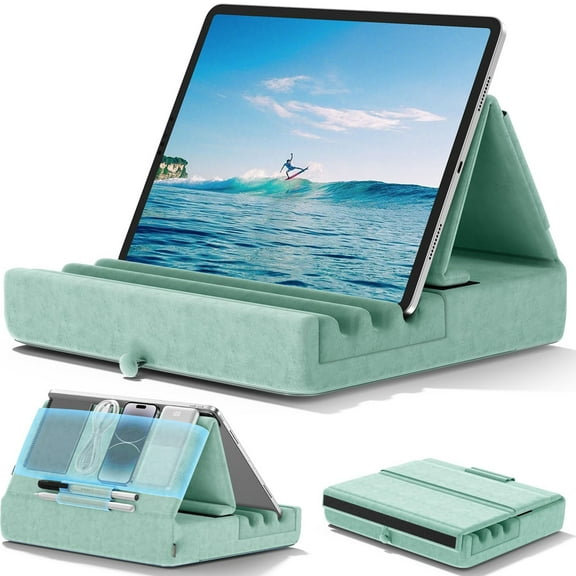 KDD Tablet Pillow Holder, Foldable iPad Stand for Lap, Bed and Desk -Tablet Soft Pad Dock with Pocket & Stylus Mount Compatible, Green