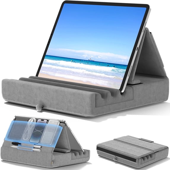KDD Tablet Pillow Stand, iPad Tablet Stand Foldable Adjustable with Storage Bag & Stylus Mount, for Desk Bed Couch and Lap, Grey