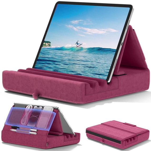 KDD Tablet Pillow Stand, iPad Tablet Stand Foldable Adjustable with Storage Bag & Stylus Mount, for Desk Bed Couch and Lap, Purple