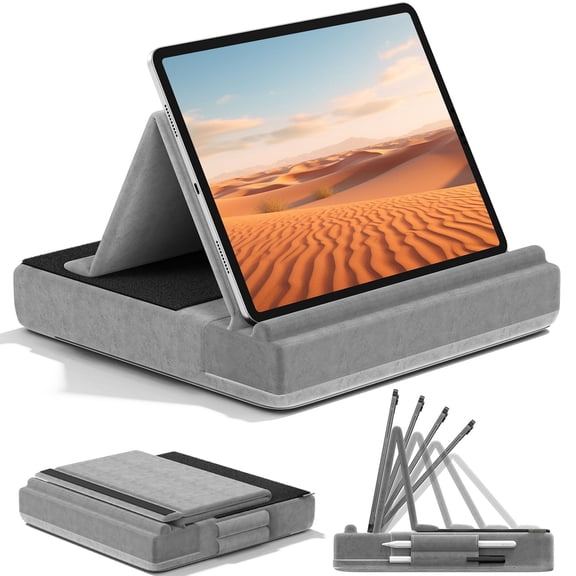 KDD Tablet Pillow Stand, iPad Tablet Stand Foldable Adjustable Holder with Stylus Mount for Desk Bed Couch and Lap, Grey