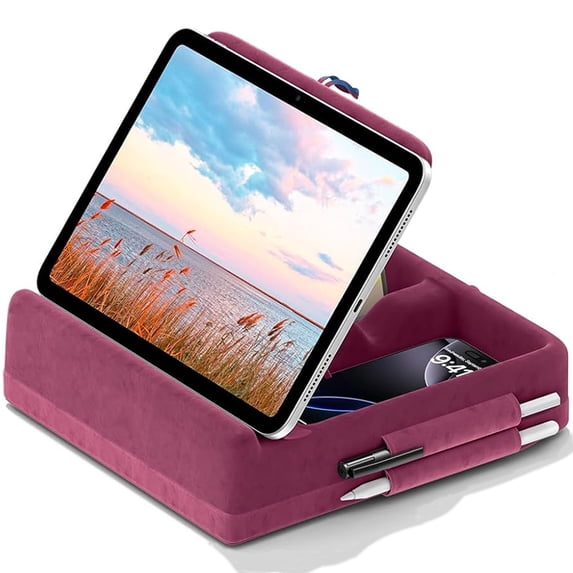 KDD Tablet Pillow Stand, iPad Tablet Stand with Storage, Foldable Adjustable Holder for Desk Bed Couch and Lap, Purple