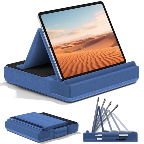 KDD Tablet Pillow Stand, iPad Tablet Stand Foldable Adjustable Holder with Stylus Mount for Desk Bed Couch and Lap, Blue