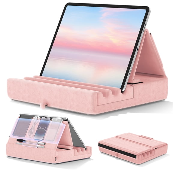 KDD Tablet Pillow Stand, iPad Tablet Stand Foldable Adjustable with Storage Bag & Stylus Mount, for Desk Bed Couch and Lap, Pink