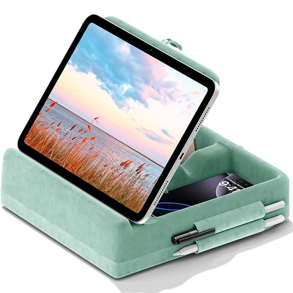 KDD Tablet Pillow Stand, iPad Tablet Stand with Storage, Foldable Adjustable Holder for Desk Bed Couch and Lap, Grey