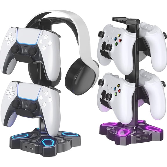 KDD Gaming Headphone Stand, Controller Holder with RGB Charging Station 2 USB and 3.5mm Ports, Black