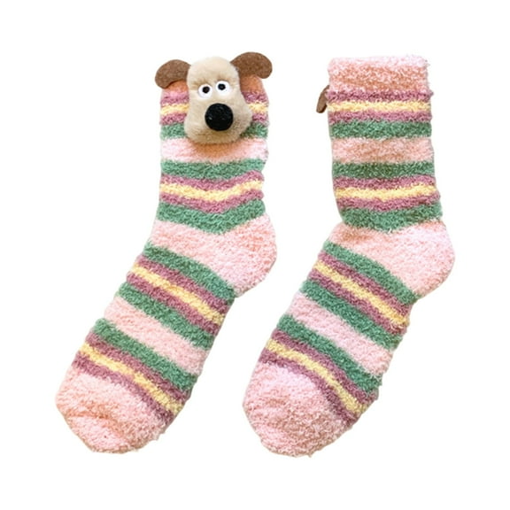 KDDYLITQ 1 Pairs Women's Cute Dog Decor Fuzzy Warm Fleece Striped Crew Socks, Perfect to Match with Slippers Pink One Size