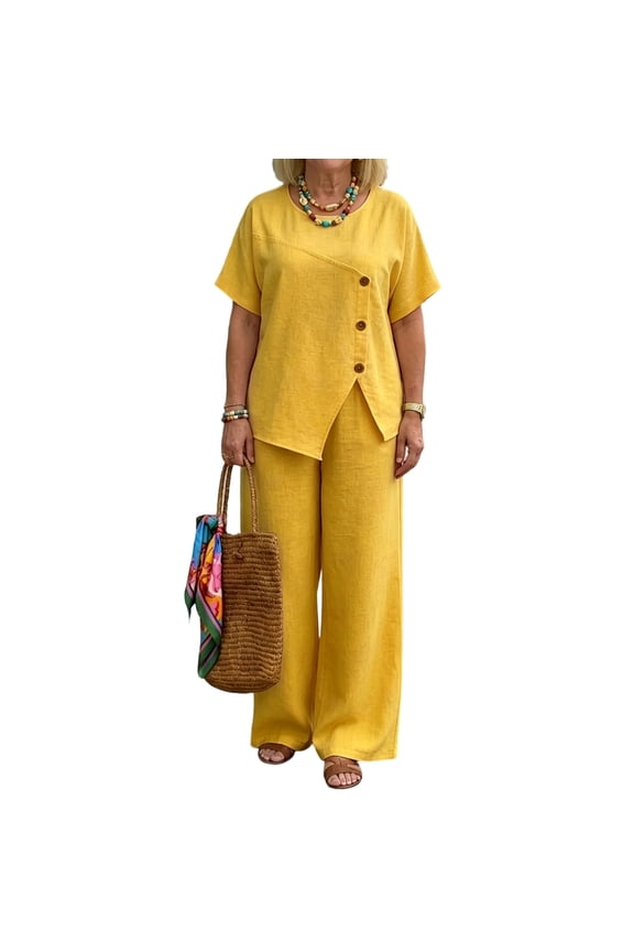 2 Piece Sets for Women Summer Linen Short Sleeve Side Splited Button Down Tops Wide Leg Pants Matching Casual Outfits Yellow 2XL