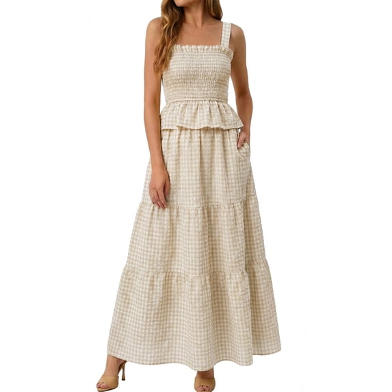 KDDYLITQ 2 Piece Sets for Women Summer Plaid Sleeveless Ruffle Hem Tops Flowy Skirts Matching Casual Outfits with Pockets Khaki L