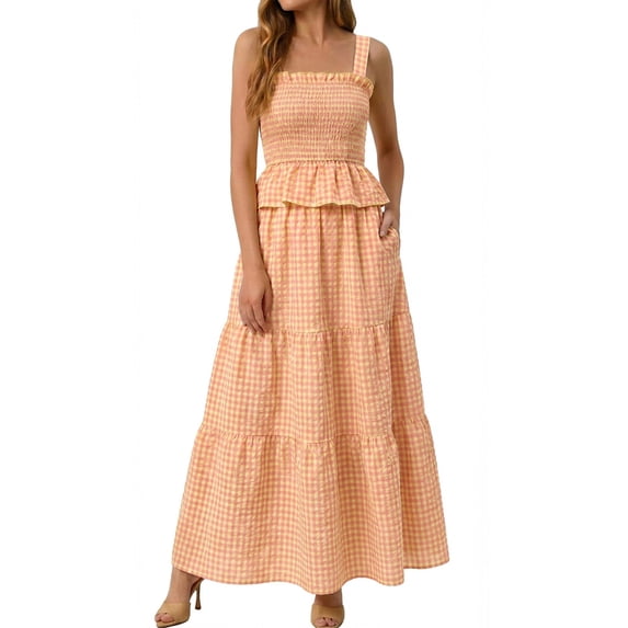 KDDYLITQ 2 Piece Sets for Women Summer Plaid Sleeveless Ruffle Hem Tops Flowy Skirts Matching Casual Outfits with Pockets Orange XL